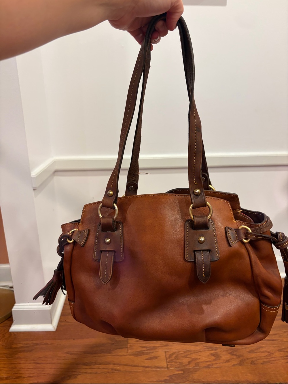 Dooney & Bourke Cognac Leather Satchel with Dark Brown Trim - Picture 6 of 14